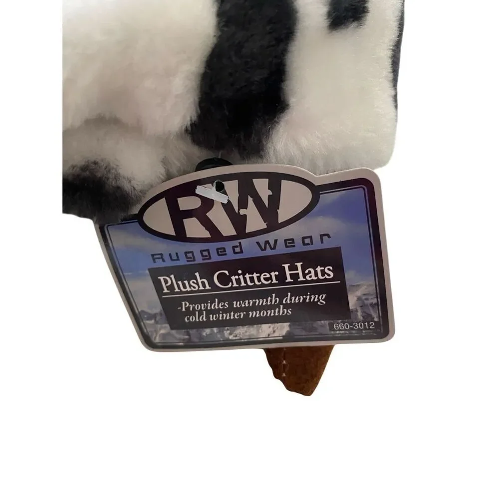 Rugged Wear Unisex Kids One Size Critter Hats White Black Cozy Winter Plush Cow